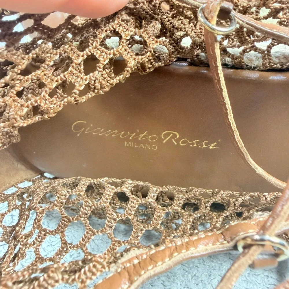 Gianvito Rossi Womens 39 Brown Leather Mesh Lace Up Espadrille Platform Sandals